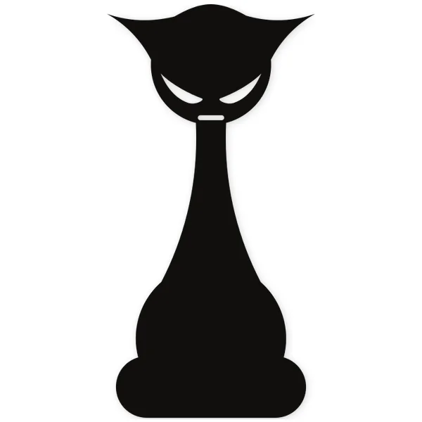 Black silhouette of a cat with a stern expression, pointed ears, and a stylized body resembling a chess piece.