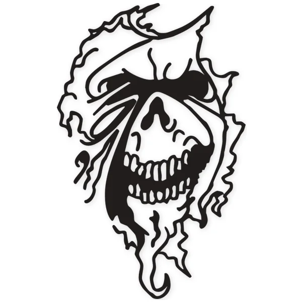 Representación artística de una calavera sonriente con detalles orgánicos fluidos y un contorno irregular, evocando la muerte y la tradición mexicana.