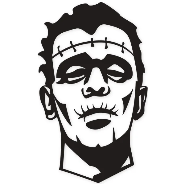 Primer plano del rostro de un monstruo de Frankenstein con suturas en la frente y boca cosida, ojos cerrados.