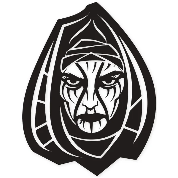 Face with a Day of the Dead or Halloween-style tribal headdress, featuring an intense expression and symmetrical lines.