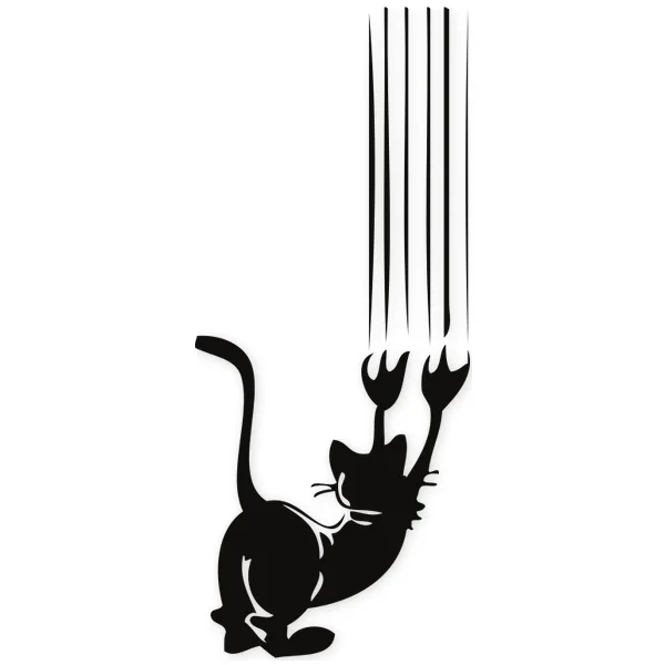 Silueta de gato negro colgando y arañando, con cinco líneas verticales simulando arañazos.