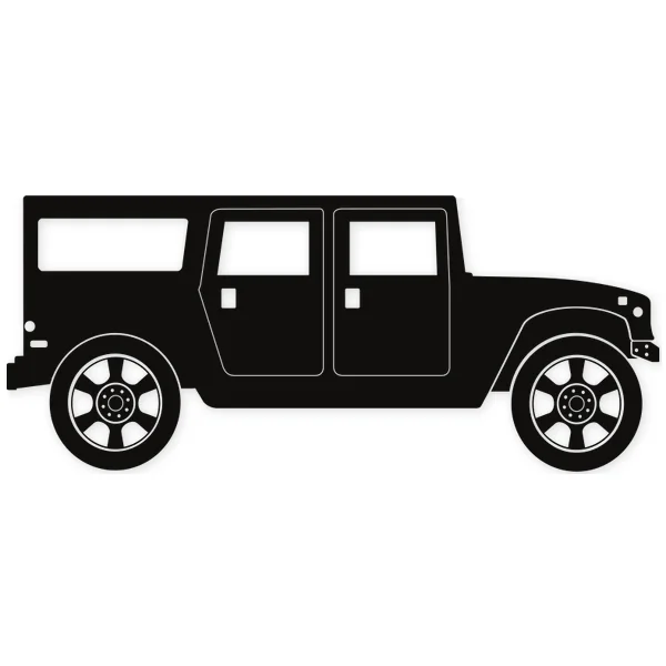 Silueta negra de un vehículo todoterreno Hummer H1 visto de perfil lateral, con cuatro puertas y ruedas grandes.