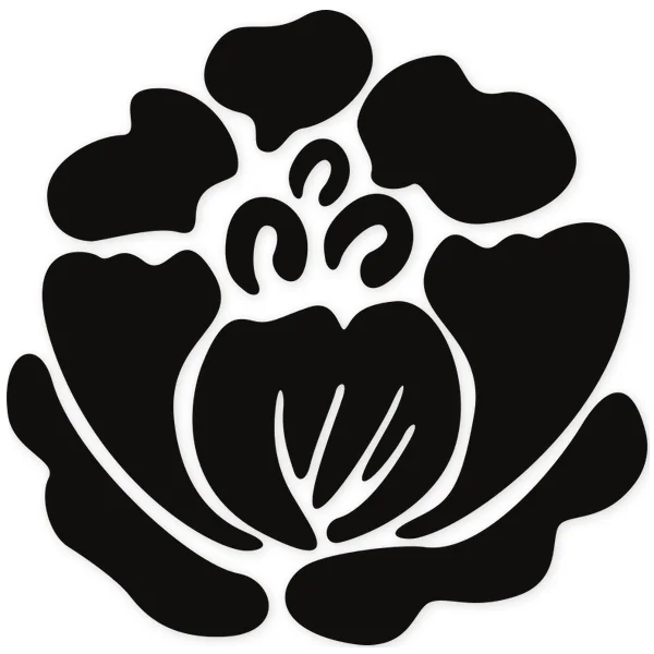 Black silhouette of a stylized flower with multiple petal layers and a detailed center.