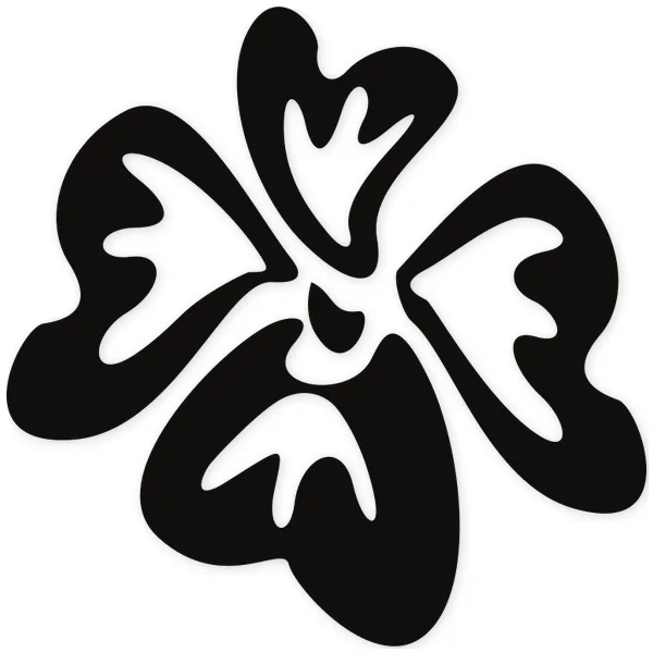 Representación abstracta de una flor con cuatro pétalos curvos y orgánicos en color negro sobre fondo blanco.