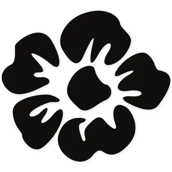 Silueta negra de una flor estilizada con cinco pétalos redondeados y un centro circular.