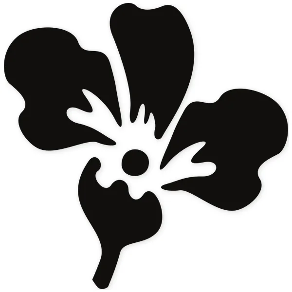 Silueta negra de una flor estilizada con cinco pétalos curvos y un centro circular, sobre fondo blanco.
