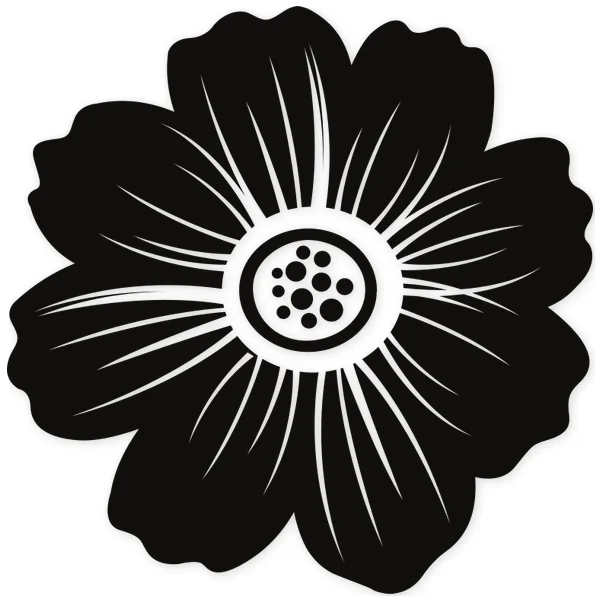Black silhouette of a stylized flower with rounded petals and a circular center with dots.