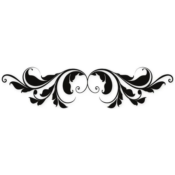 Symmetrical black floral motif with stylized leaves and scrolls, arranged horizontally.