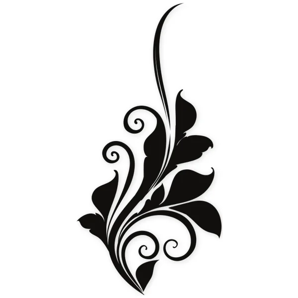 Motivo floral negro con volutas y hojas estilizadas que se curvan hacia arriba, con un estilo ornamental.