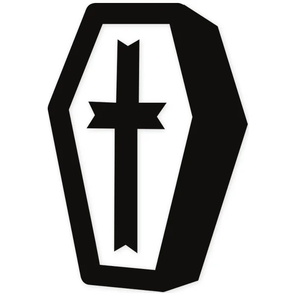 Silueta negra de un ataúd hexagonal con una cruz cristiana central, evocando temas de Halloween y funerarios.