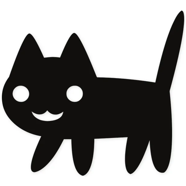 Black silhouette of a cat with pointed ears, round white eyes, and a smile, in a childlike style.