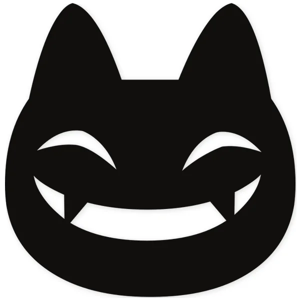 Black silhouette of a cat's head with pointed ears, closed eyes, and a fanged grin, Halloween style.