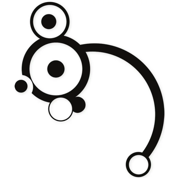 Abstract geometric motif with concentric and solid circles connected by a thick curved line.