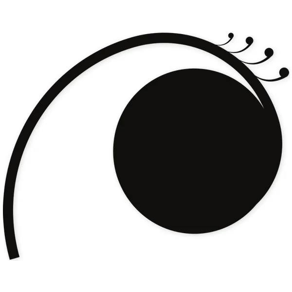Stylized black floral motif with a curving line wrapping around a circle, topped with small dots.