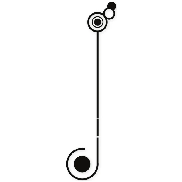 Vertical linear motif with concentric circles at the top and a filled circle with a spiral at the base.