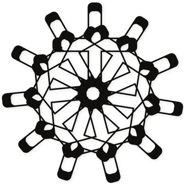 Diseño geométrico concéntrico con una estrella central de 12 puntas y un patrón radial de formas rectangulares y triangulares.