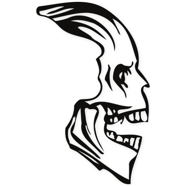 Profile view of a human skull with an open mouth and visible teeth, rendered with shaded lines.