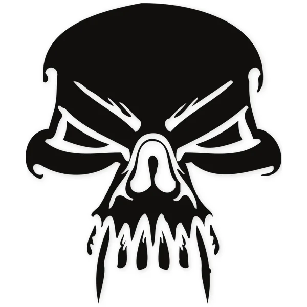 Graphic representation of a black skull with empty eye sockets, a hollow nose, and a row of sharp, pointed teeth.