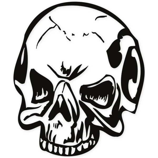 Black and white stylized human skull with deep eye sockets and defined teeth, evoking Halloween themes.