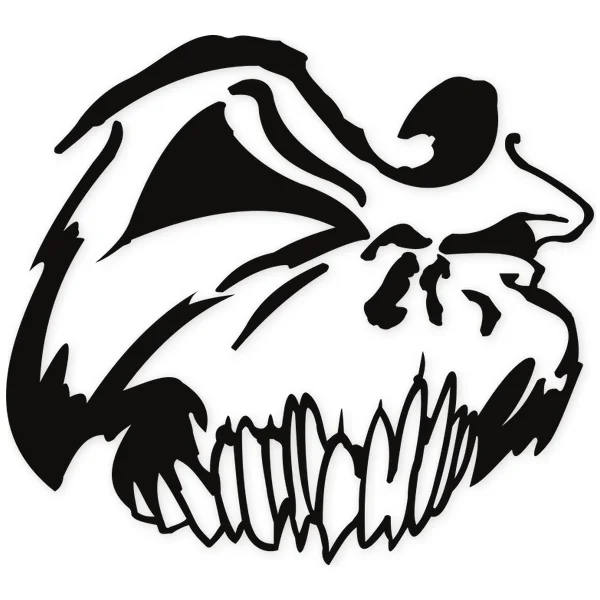 Representación gráfica de un cráneo monstruoso con mandíbula dentada y rasgos macabros, en estilo de arte lineal.