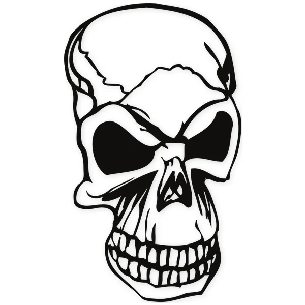 Representación de una calavera con cuencas oculares oscuras, sonrisa amplia y dentadura visible, con detalles en el cráneo.