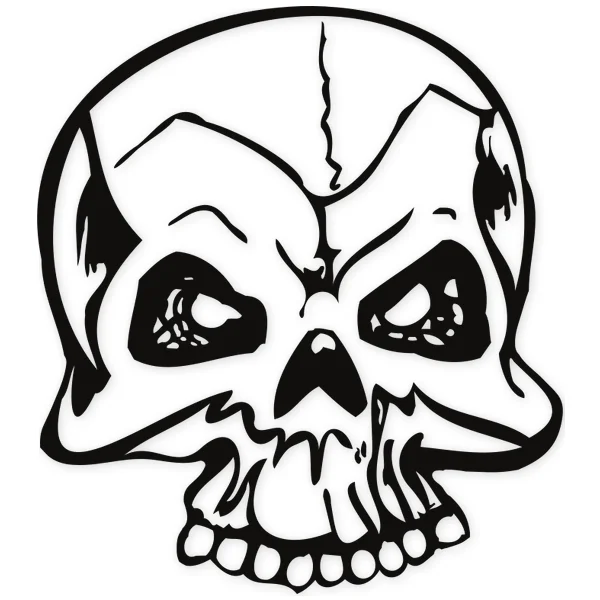 Representación gráfica de una calavera con mandíbula inferior separada, dientes irregulares y cuencas oculares profundas, con un estilo sombreado.