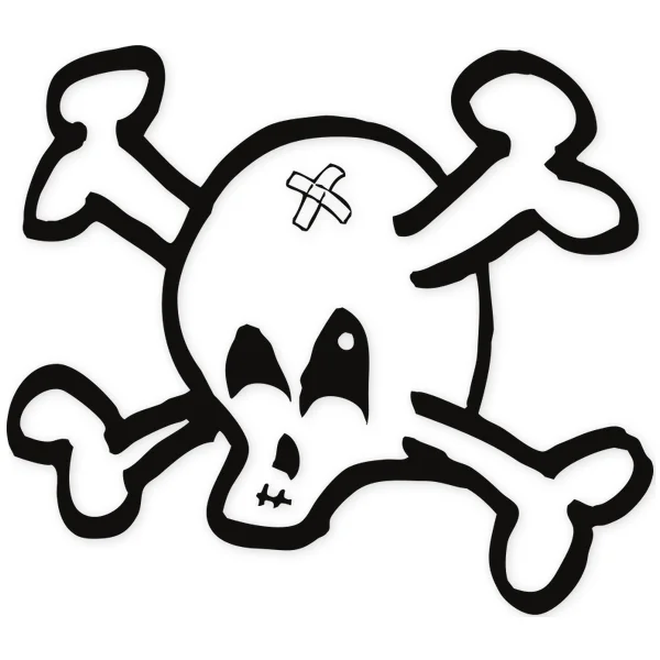 Calavera con tibias cruzadas y una 'X' en la frente, estilo caricaturesco, sobre fondo blanco.