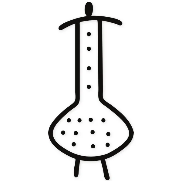 Stylized African tribal figure with elongated body, bulbous base with dots, and side arms.