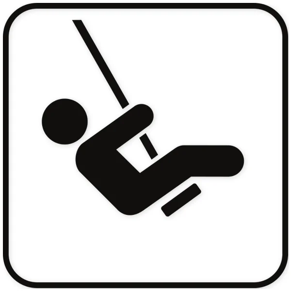 Icon of a person on a zip line, body inclined, holding a cable, within a rounded square frame.