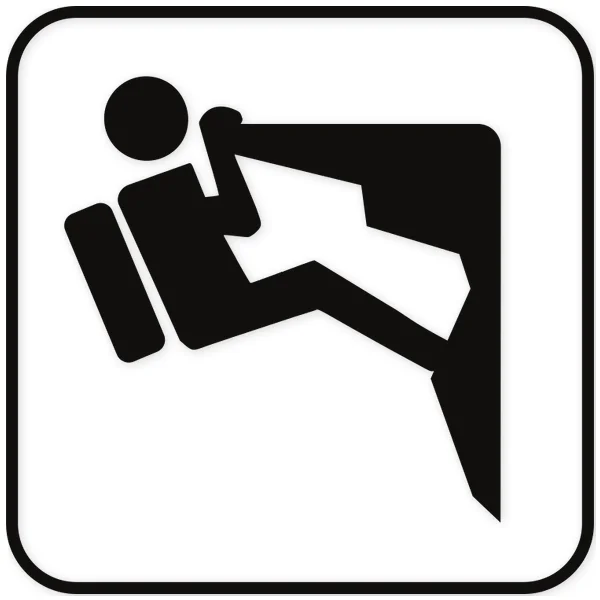 Icono de escalada en silueta negra, mostrando una persona con mochila ascendiendo una pared rocosa.