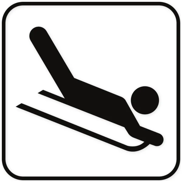 Black icon of a person lying prone on a sled, descending on a snowy surface.