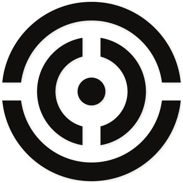Diseño circular concéntrico con un punto central, tres anillos y dos líneas horizontales que conectan los anillos exteriores.