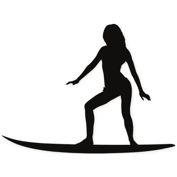 Silueta negra de una mujer surfeando sobre una tabla de surf, con las piernas flexionadas y los brazos extendidos.