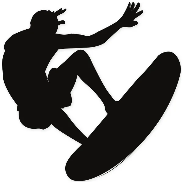 Black silhouette of a surfer airborne, jumping on a surfboard with an outstretched arm.