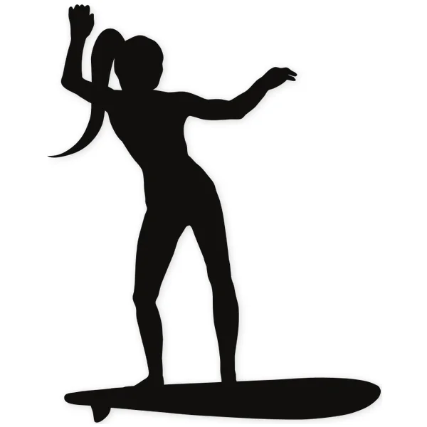 Silueta negra de una mujer surfeando sobre una tabla, con el pelo recogido en coleta y brazos extendidos.