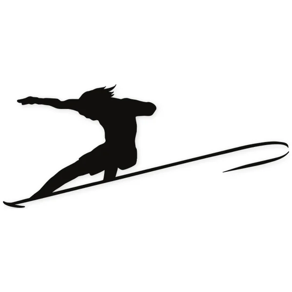 Silhouette of a surfer with arm extended and legs bent on a surfboard, in motion.