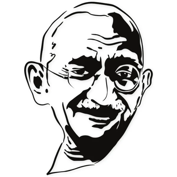 Realistic portrait of Mahatma Gandhi wearing round glasses and a mustache, looking forward with a serene expression.