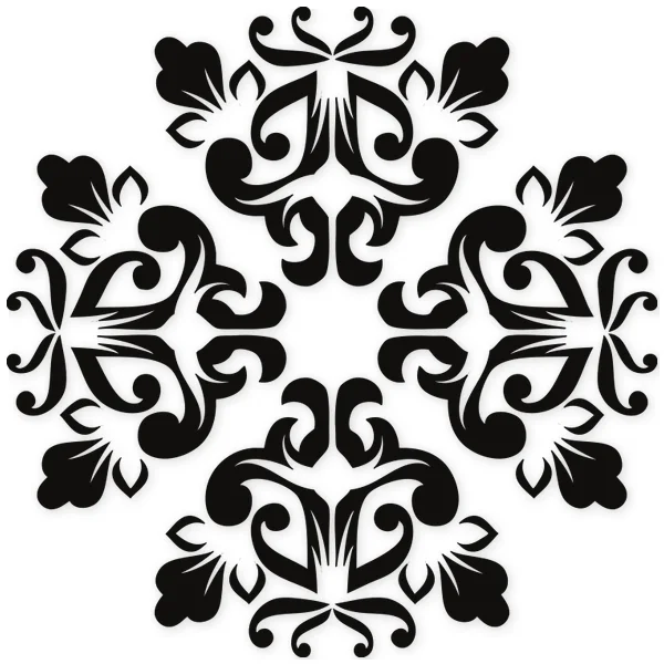 Baroque ornamental motif with scrolls and floral shapes, arranged symmetrically in a radial pattern.
