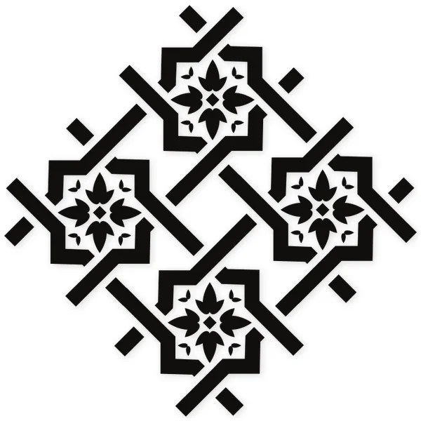 Black geometric pattern with interlocking squares and stylized floral motifs within, arranged in a diagonal grid.