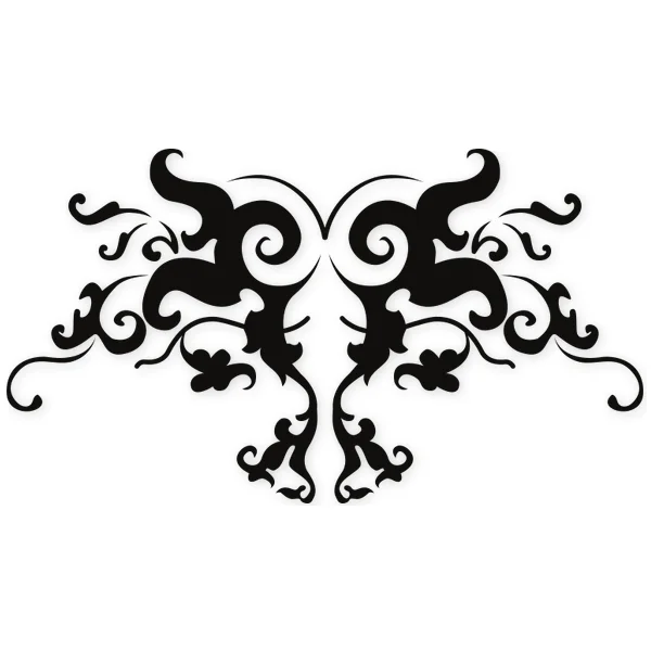 Symmetrical black floral motif with scrolls and botanical shapes, expanding horizontally.