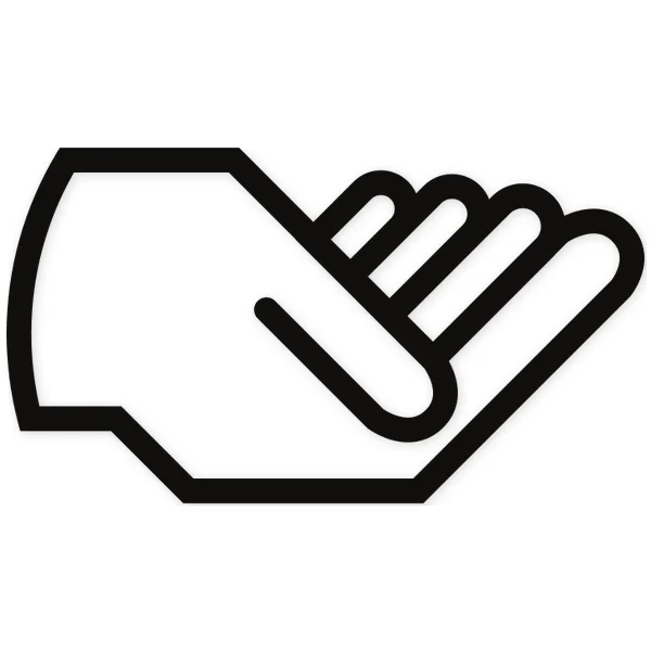 Linear silhouette of an open hand with extended fingers, in a gesture of asking.