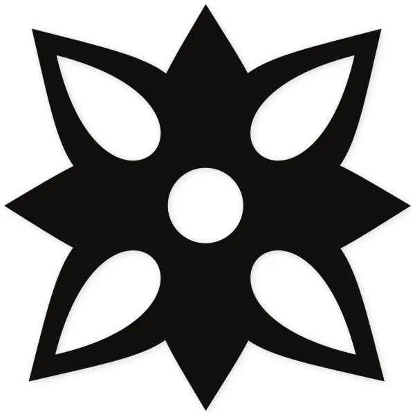 Diseño abstracto de flor concéntrica con ocho pétalos curvos y un círculo central, similar a una estrella geométrica.