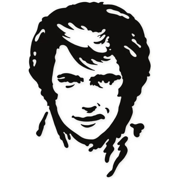 Silueta negra de un rostro masculino con cabello voluminoso, representando a una figura pública famosa con expresión sutil.