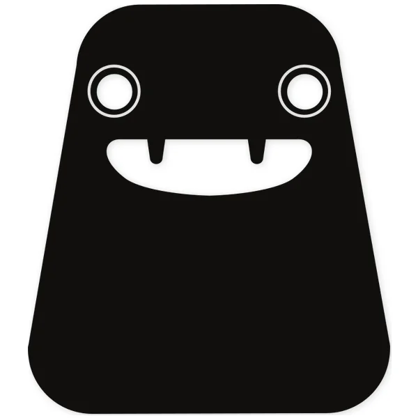 Black monster with round eyes and fangs, rounded shape, and playful expression.