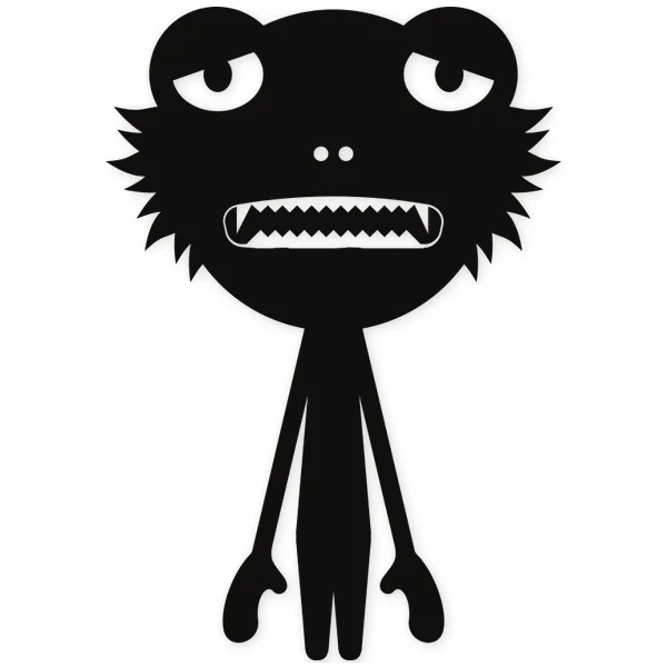 Black silhouette of a kids' monster with a furry head, droopy eyes, mouth with sharp teeth, and a slender body.