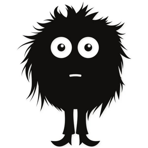 Fluffy black monster with large white eyes and a horizontal mouth, standing on two thin legs with bell-shaped feet.