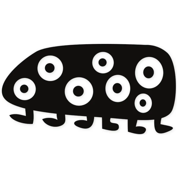 Black monster with an elongated body and multiple circular white eyes, featuring short, curved legs.