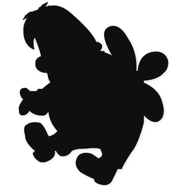 Silueta negra de personaje de dibujos animados con alas de mariposa, en pose dinámica.