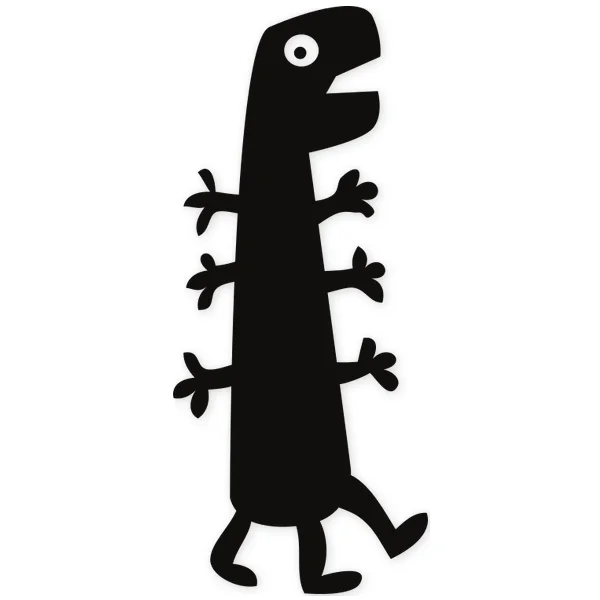 Silueta negra de un monstruo infantil con seis patas y boca abierta, caminando.