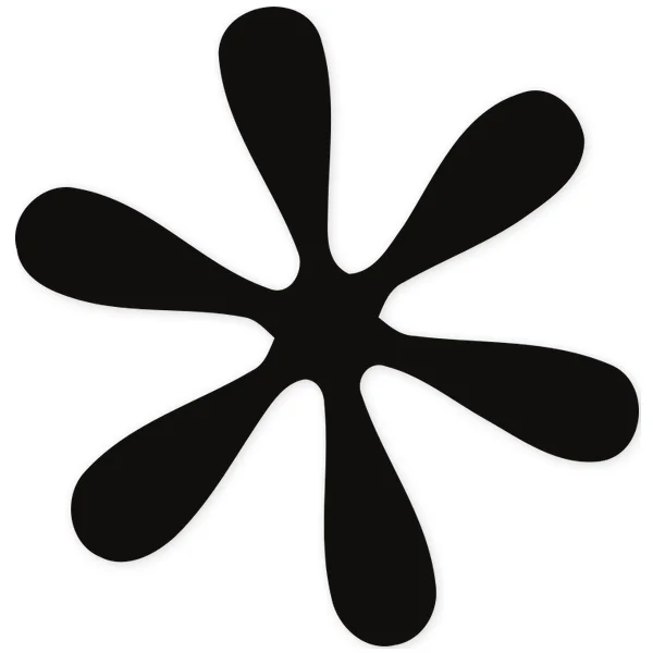 Abstract black silhouette of a flower or star with six curved, rounded petals radiating from a central point.